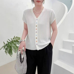 Ice silk quilted beads 2025 summer new knitted sweater short - sleeved cardigan women's color button - up top V - neck thin T-shirt tide - Negative Apparel