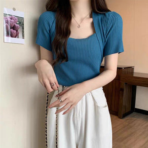 Ice silk shoulder knitted t-shirt women's short - sleeved tight bottoming shirt - Negative Apparel