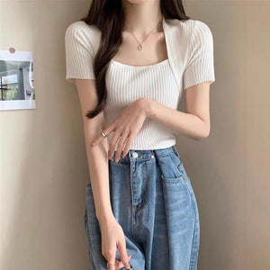 Ice silk shoulder knitted t-shirt women's short - sleeved tight bottoming shirt - Negative Apparel