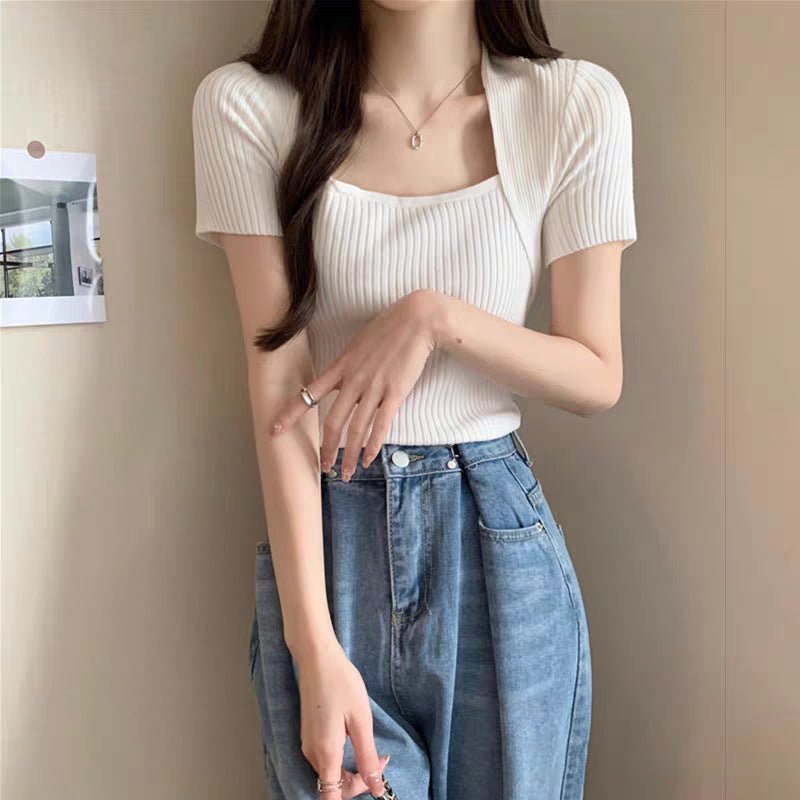 Ice silk shoulder knitted t-shirt women's short - sleeved tight bottoming shirt - Negative Apparel