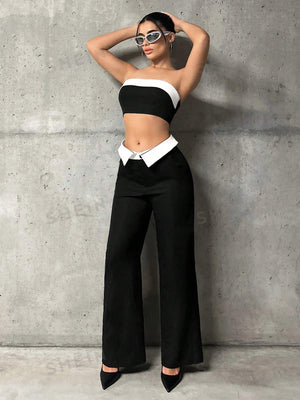 ICON Contrast Panel Tube Top & Wide Leg Pants - Negative Apparel