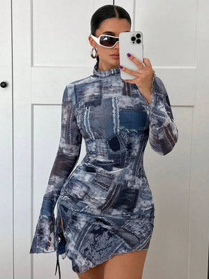 ICON Denim - Effect Print Mock Neck Drawstring Side Flounce Sleeve Mesh Bodycon Mini Dress - Negative Apparel