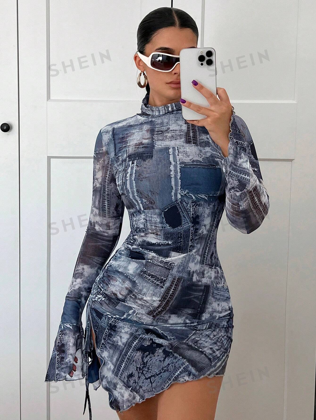 ICON Denim - Effect Print Mock Neck Drawstring Side Flounce Sleeve Mesh Bodycon Mini Dress - Negative Apparel