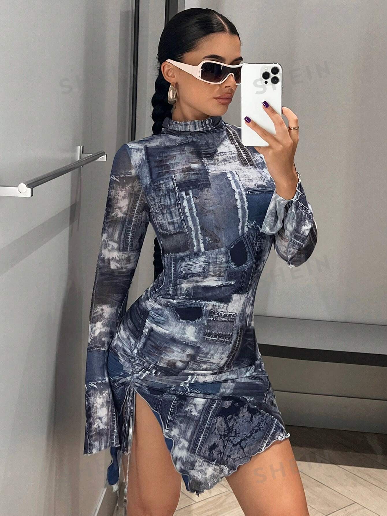 ICON Denim - Effect Print Mock Neck Drawstring Side Flounce Sleeve Mesh Bodycon Mini Dress - Negative Apparel