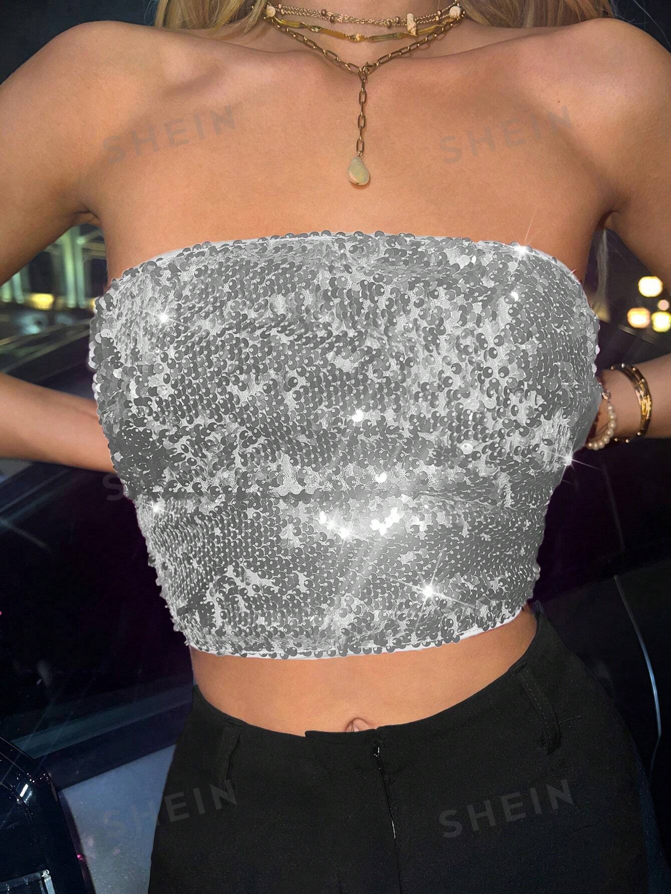 ICON Silver Sequin Crop Tube Top - Negative Apparel