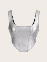 ICON Solid Asymmetrical Hem PU Leather Tank Silver Top - Negative Apparel