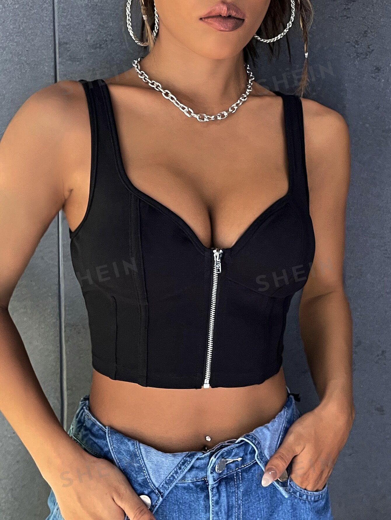 ICON Solid Zip Up Crop Wide Straps Top - Negative Apparel