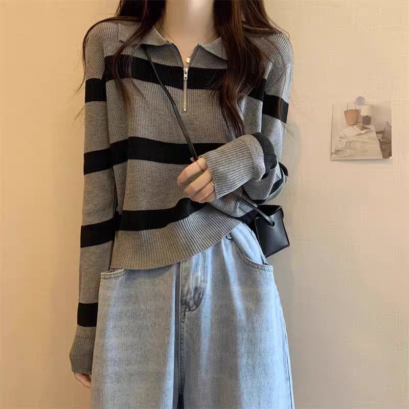Imitation cotton polo collar zipper black and white striped knitted sweater women's spring and autumn loose sweater outside lapel pullover sweater 100 - Negative Apparel