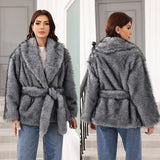 Imitation fur belt belt medium and long jacket fashion trend women's clothing warm thickened plush long - sleeved jacket - Negative Apparel