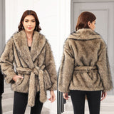 Imitation fur belt belt medium and long jacket fashion trend women's clothing warm thickened plush long - sleeved jacket - Negative Apparel