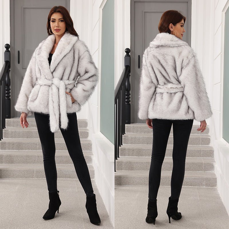 Imitation fur belt belt medium and long jacket fashion trend women's clothing warm thickened plush long - sleeved jacket - Negative Apparel
