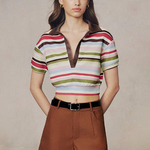 independent station an and n style temperament striped POLO shirt 2025 summer new commuter striped short - sleeved women - Negative Apparel