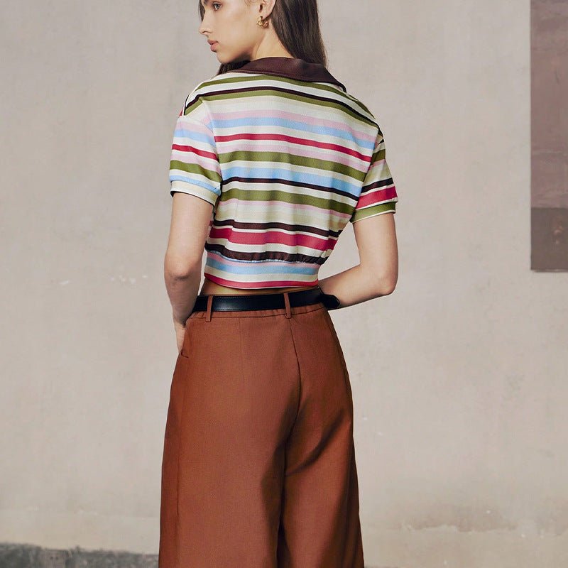 independent station an and n style temperament striped POLO shirt 2025 summer new commuter striped short - sleeved women - Negative Apparel