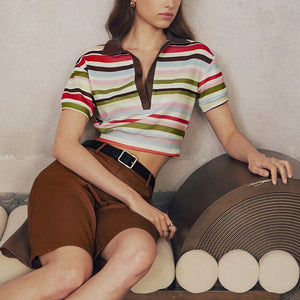 independent station an and n style temperament striped POLO shirt 2025 summer new commuter striped short - sleeved women - Negative Apparel