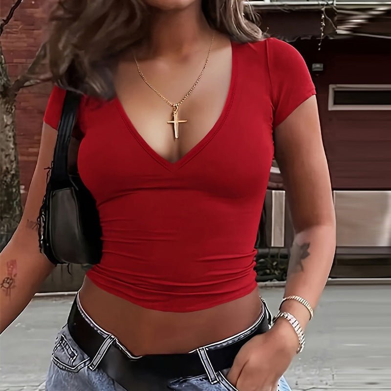 independent station tight women's clothing 2025 summer an and n style elastic V - neck T-shirt short - sleeved top BJ2548 - Negative Apparel