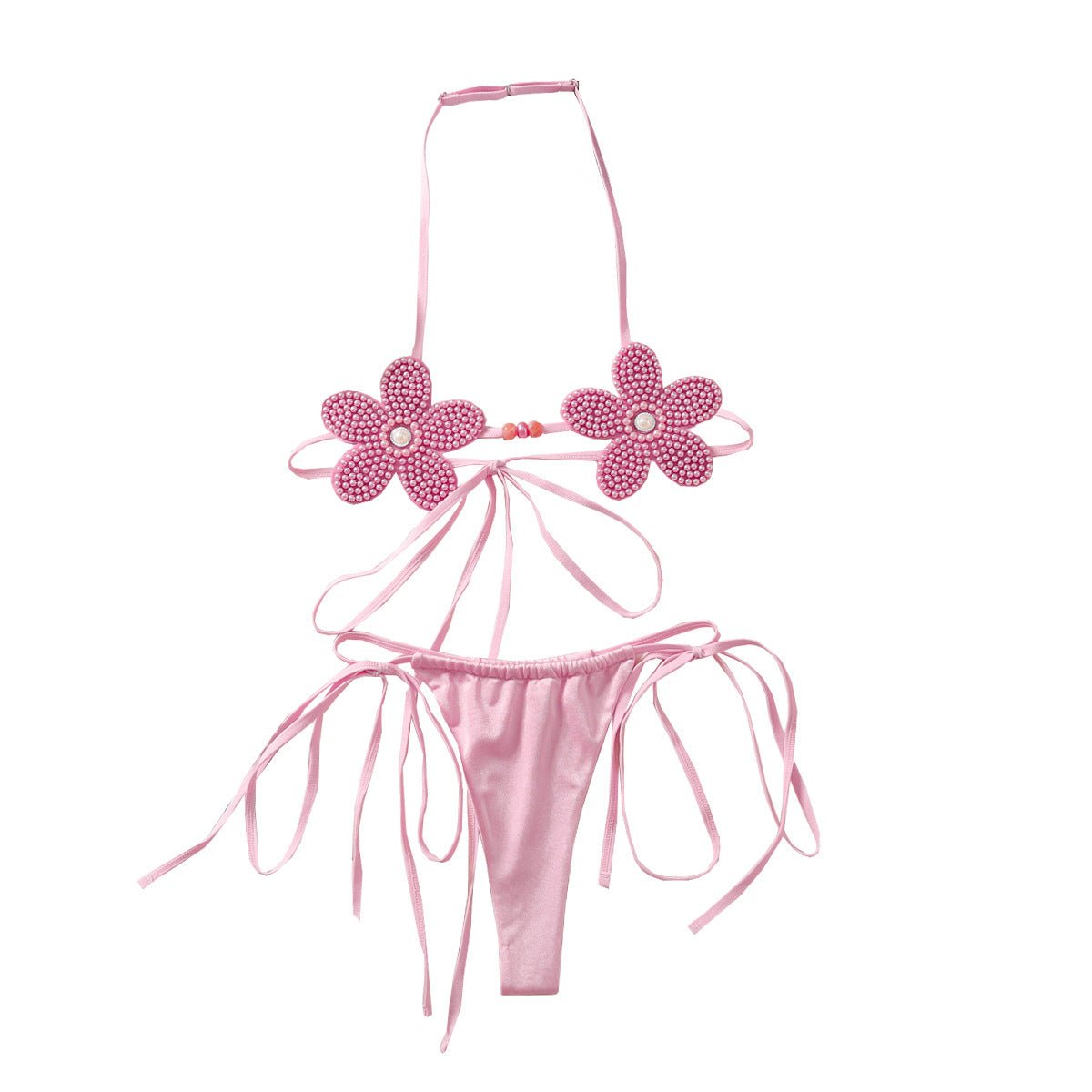 Japanese three - dimensional flower cute girl sexy suit halter neck sexy strap backless underwear two - piece set - Negative Apparel
