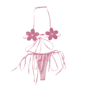 Japanese three - dimensional flower cute girl sexy suit halter neck sexy strap backless underwear two - piece set - Negative Apparel