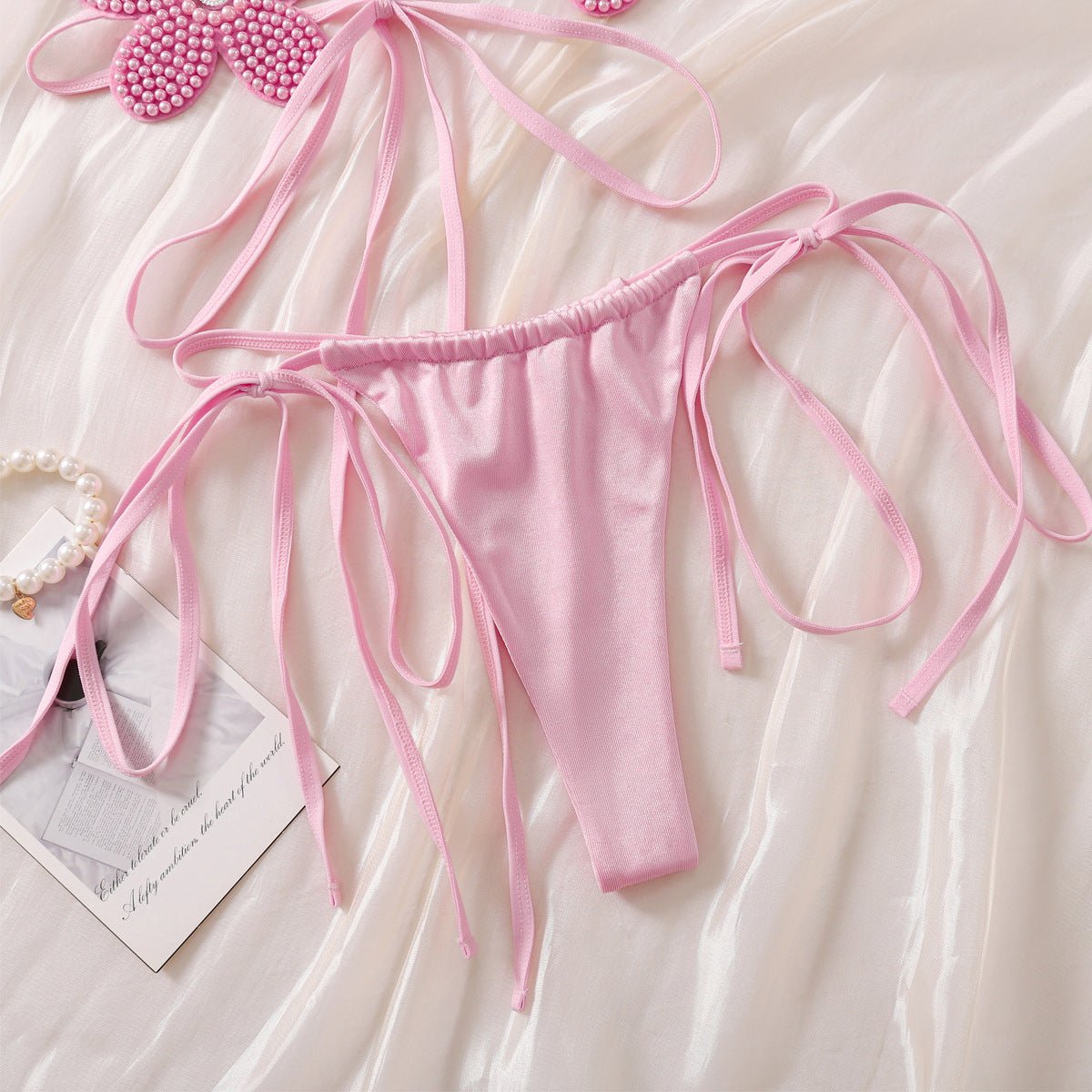 Japanese three - dimensional flower cute girl sexy suit halter neck sexy strap backless underwear two - piece set - Negative Apparel