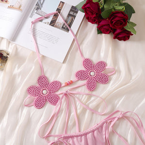 Japanese three - dimensional flower cute girl sexy suit halter neck sexy strap backless underwear two - piece set - Negative Apparel