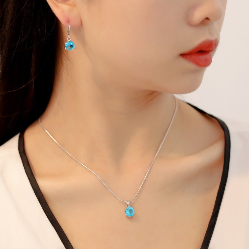 Jewelry combination necklace earrings set round multi - color zircon pendant - Negative Apparel