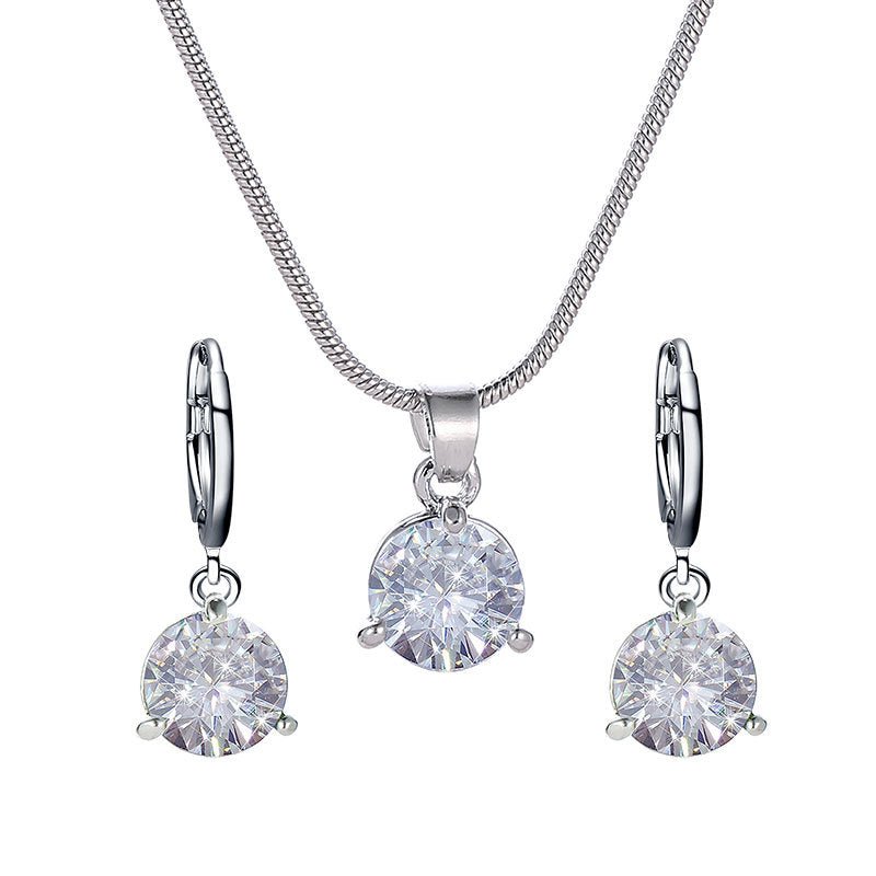 Jewelry combination necklace earrings set round multi - color zircon pendant - Negative Apparel
