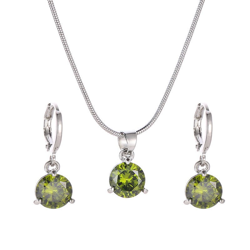 Jewelry combination necklace earrings set round multi - color zircon pendant - Negative Apparel