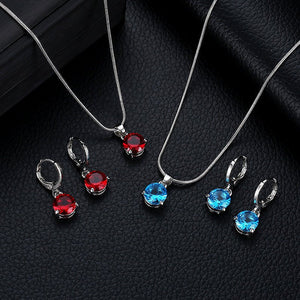 Jewelry combination necklace earrings set round multi - color zircon pendant - Negative Apparel