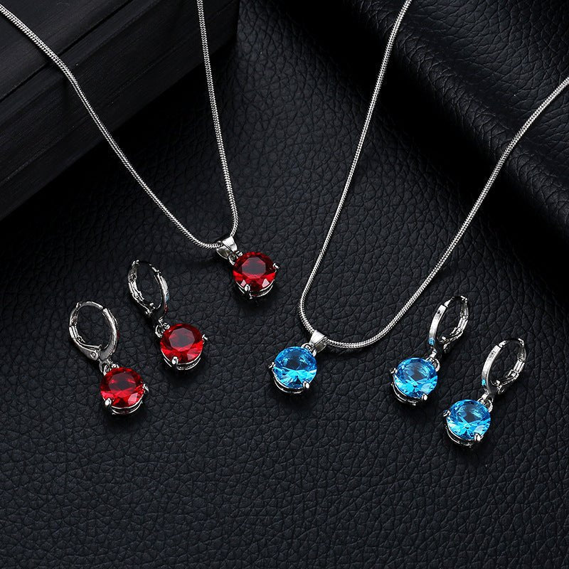 Jewelry combination necklace earrings set round multi - color zircon pendant - Negative Apparel