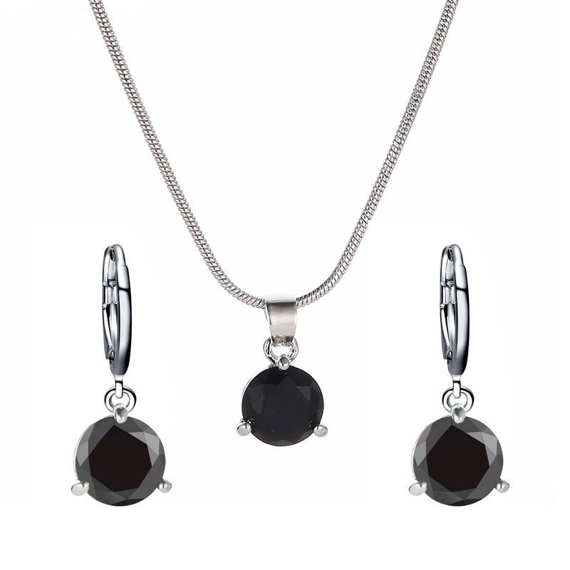 Jewelry combination necklace earrings set round multi - color zircon pendant - Negative Apparel