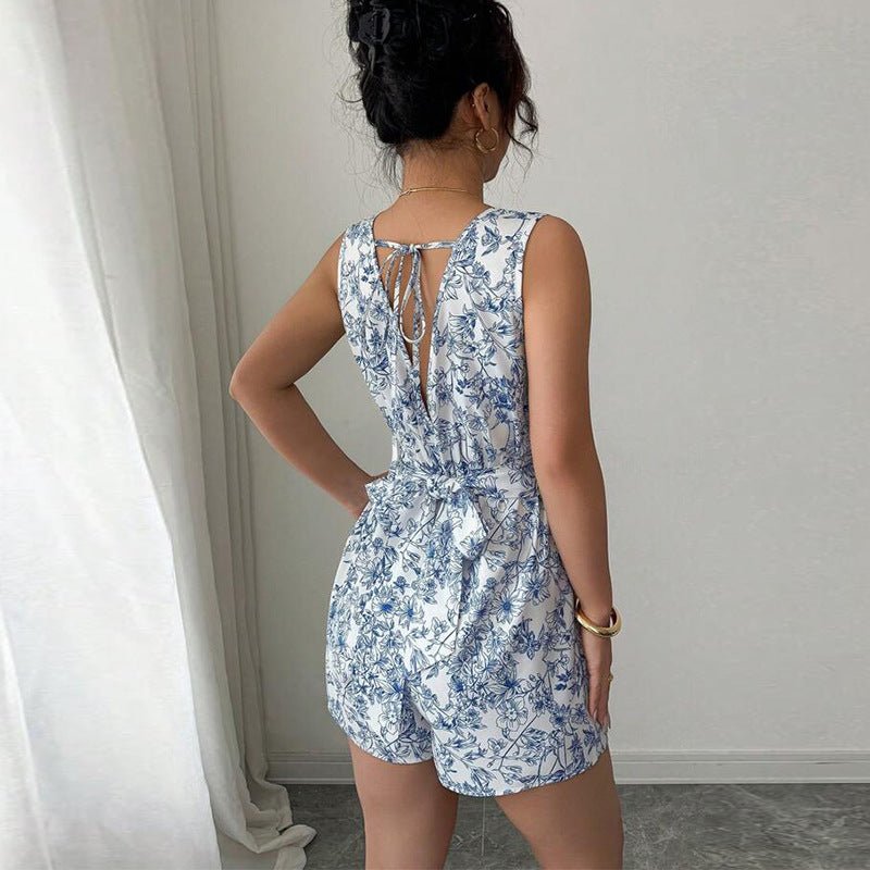 jumpsuit shorts women's clothing 2025 summer an and n floral lace - up vest jumpsuit YDX1104 - Negative Apparel
