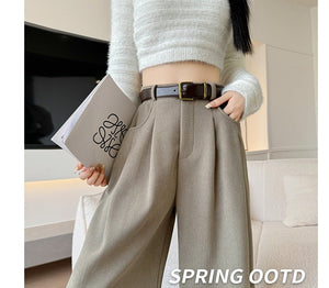 Khaki corduroy pants women's spring and autumn new loose lazy style suit pants drape and thin high - end wide - leg pants - Negative Apparel