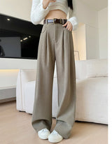 Khaki corduroy pants women's spring and autumn new loose lazy style suit pants drape and thin high - end wide - leg pants - Negative Apparel