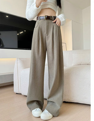 Khaki corduroy pants women's spring and autumn new loose lazy style suit pants drape and thin high - end wide - leg pants - Negative Apparel