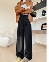 Khaki corduroy pants women's spring and autumn new loose lazy style suit pants drape and thin high - end wide - leg pants - Negative Apparel