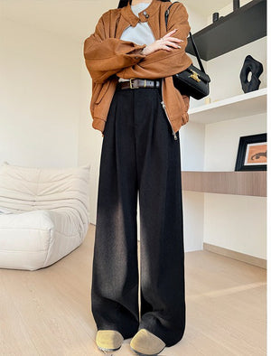Khaki corduroy pants women's spring and autumn new loose lazy style suit pants drape and thin high - end wide - leg pants - Negative Apparel