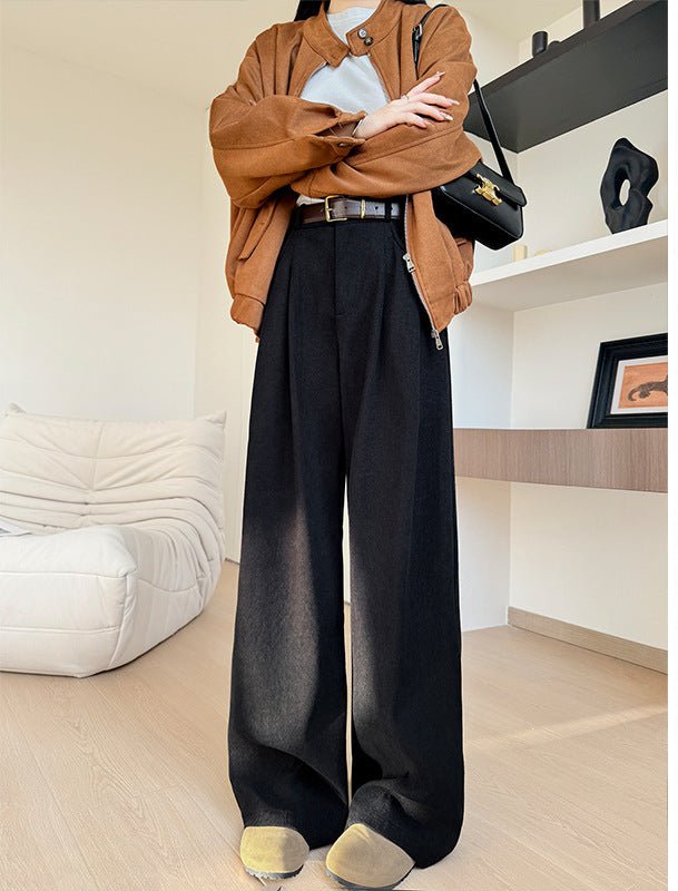 Khaki corduroy pants women's spring and autumn new loose lazy style suit pants drape and thin high - end wide - leg pants - Negative Apparel