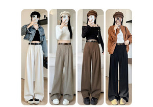 Khaki corduroy pants women's spring and autumn new loose lazy style suit pants drape and thin high - end wide - leg pants - Negative Apparel