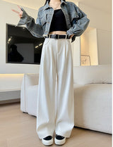 Khaki corduroy pants women's spring and autumn new loose lazy style suit pants drape and thin high - end wide - leg pants - Negative Apparel