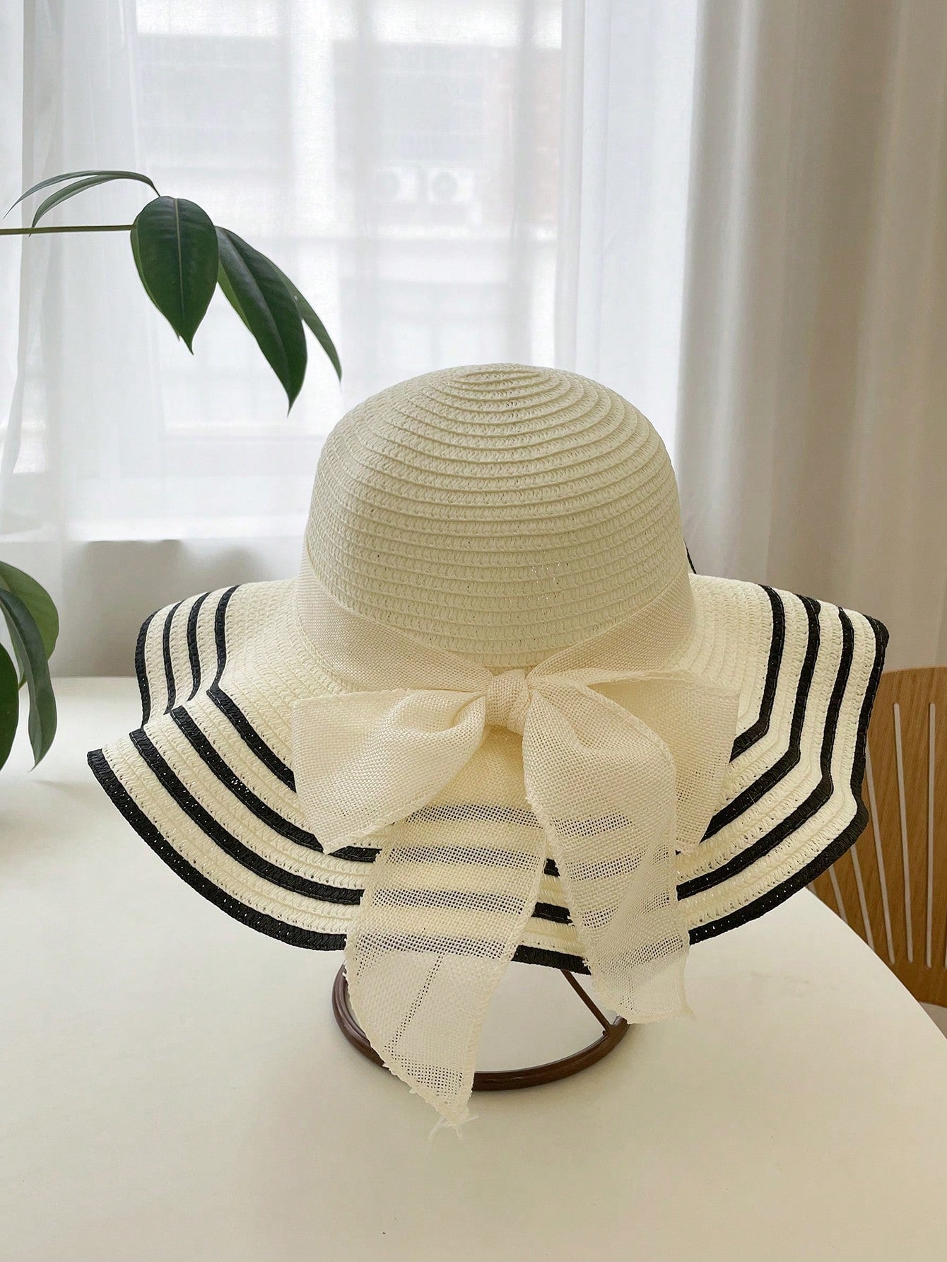 Khaki Striped Women's Holiday Wavy Straw Hat - Negative Apparel