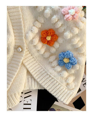 Knitted cardigan sweater for women with a three - dimensional ball flower embroidery - Negative Apparel