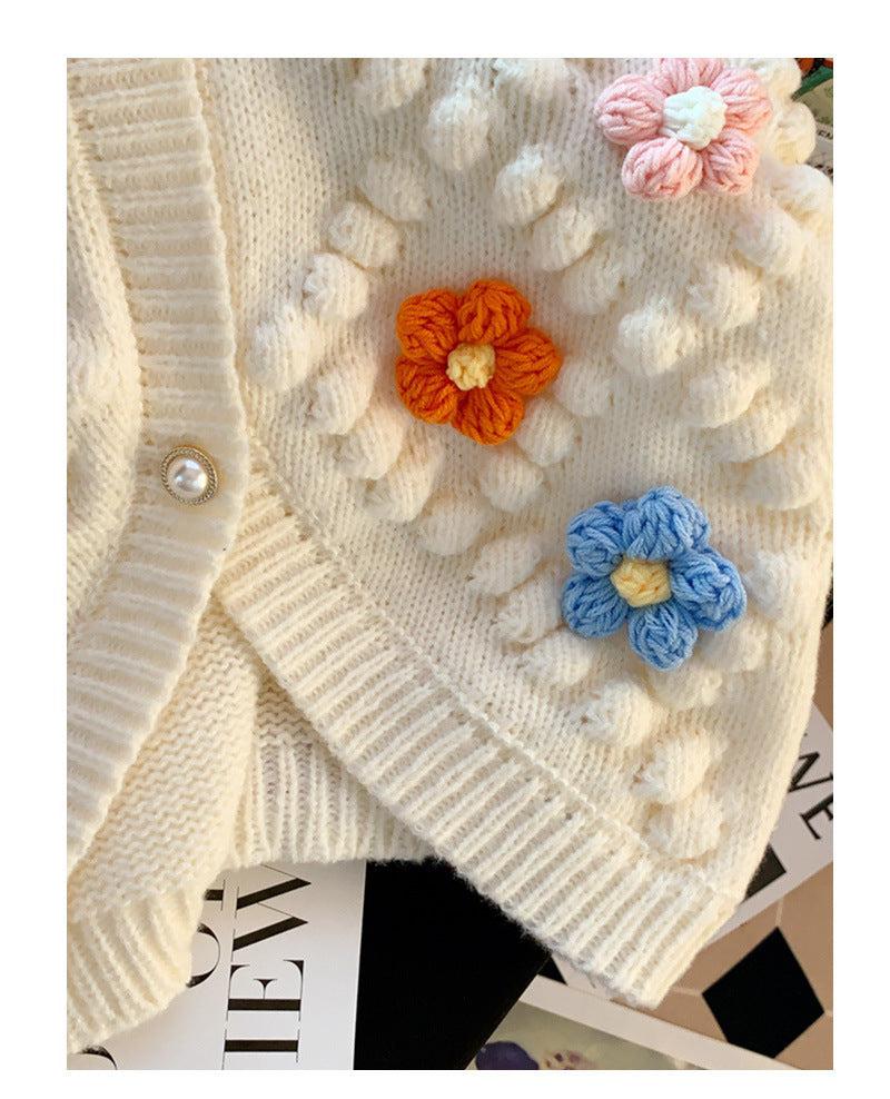 Knitted cardigan sweater for women with a three - dimensional ball flower embroidery - Negative Apparel