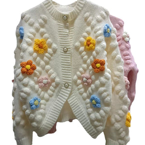 Knitted cardigan sweater for women with a three - dimensional ball flower embroidery - Negative Apparel