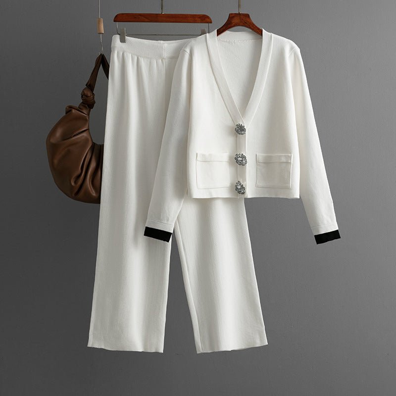 Knitted cardigan top + casual wide - leg pants two - piece set - Negative Apparel