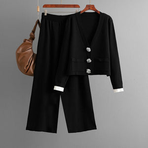 Knitted cardigan top + casual wide - leg pants two - piece set - Negative Apparel