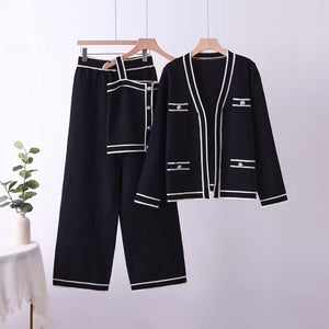 Knitted Cardigan Vest Wide Leg Pants Three - piece Set - Negative Apparel