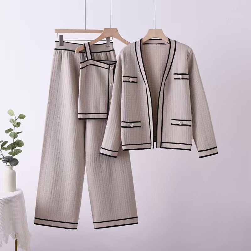 Knitted Cardigan Vest Wide Leg Pants Three - piece Set - Negative Apparel