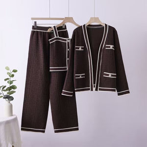 Knitted Cardigan Vest Wide Leg Pants Three - piece Set - Negative Apparel