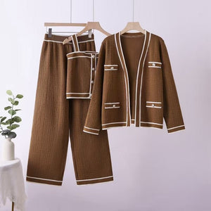 Knitted Cardigan Vest Wide Leg Pants Three - piece Set - Negative Apparel