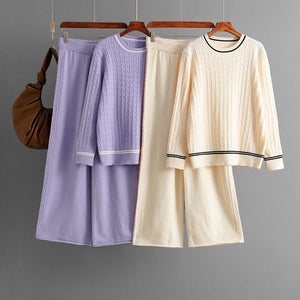 Knitted crew neck long - sleeved sweater set + casual pants two - piece set - Negative Apparel