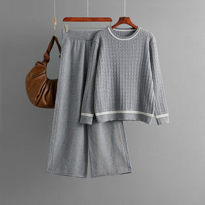 Knitted crew neck long - sleeved sweater set + casual pants two - piece set - Negative Apparel